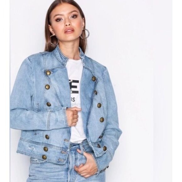 Free People Military Motto Double Breasted Denim Jacket - Picture 6 of 11